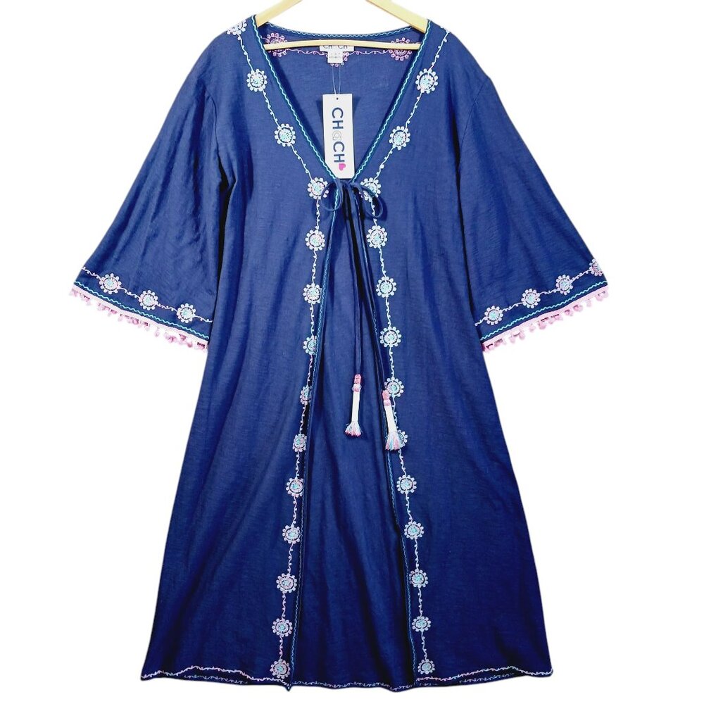 Chach, NWT,  Maxi Kimono, Boho, Navy w/ Pink & Aqua Trim, Whimsical, Small